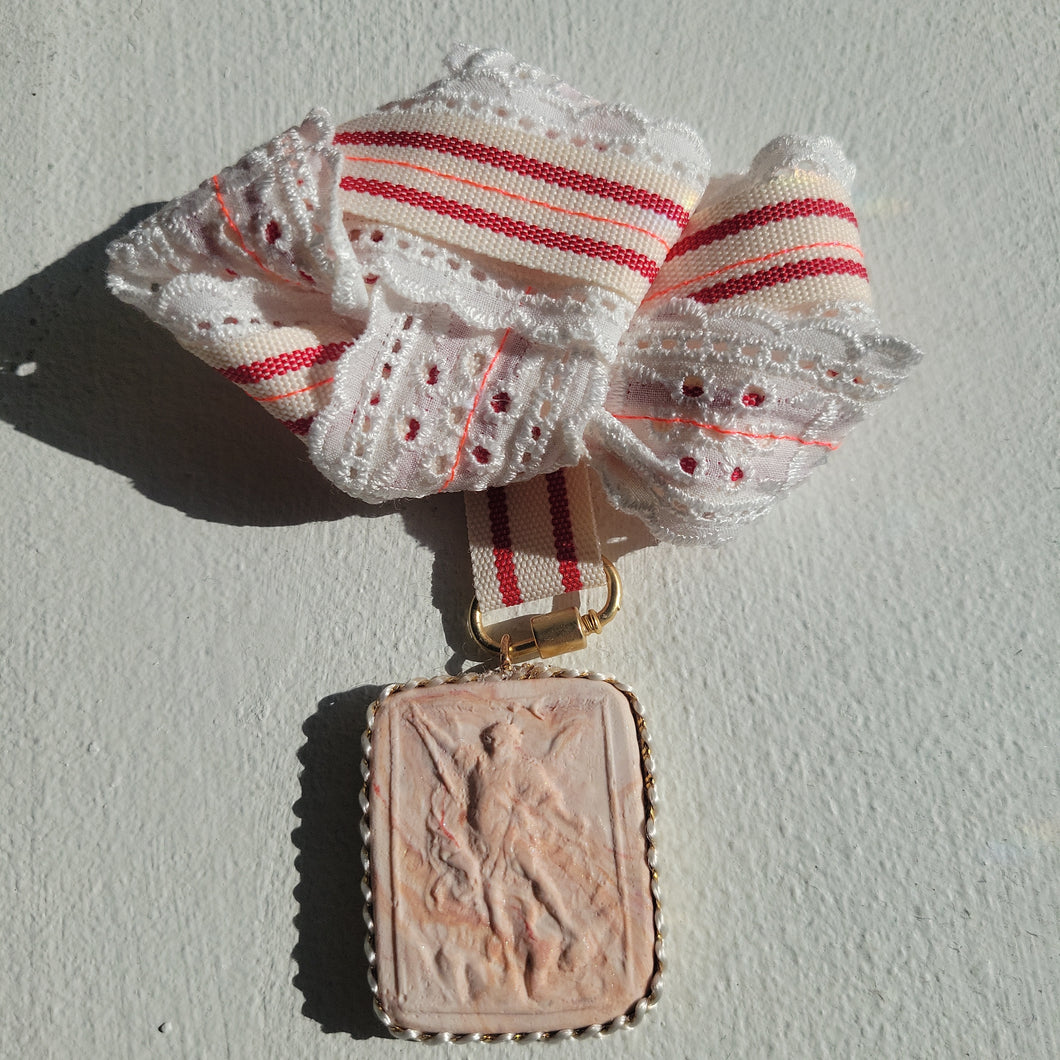 Eyelet and cotton Ribbon and Intaglio Brooch
